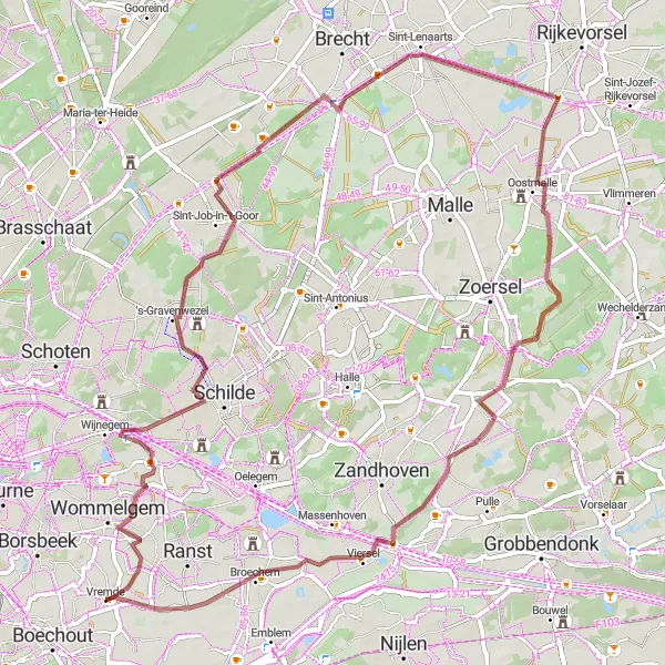 Miniatuurkaart van de fietsinspiratie "Avontuurlijke fietsroute door Schilde en Broechem" in Prov. Antwerpen, Belgium. Gemaakt door de Tarmacs.app fietsrouteplanner