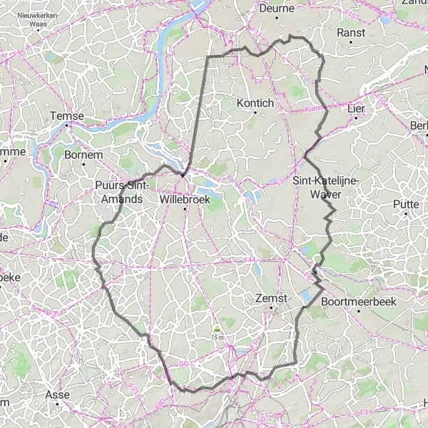 Karten-Miniaturansicht der Radinspiration "Rundfahrt von Vremde nach Sint-Katelijne-Waver" in Prov. Antwerpen, Belgium. Erstellt vom Tarmacs.app-Routenplaner für Radtouren