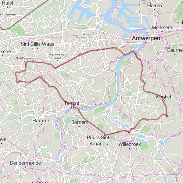 Karten-Miniaturansicht der Radinspiration "Gravel-Rundfahrradroute von Waarloos nach Kontich" in Prov. Antwerpen, Belgium. Erstellt vom Tarmacs.app-Routenplaner für Radtouren