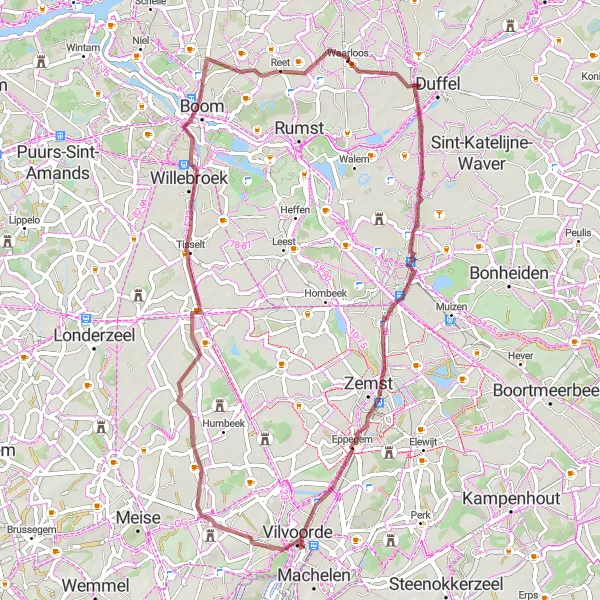 Karten-Miniaturansicht der Radinspiration "Gravel-Rundfahrradroute von Waarloos nach Reet" in Prov. Antwerpen, Belgium. Erstellt vom Tarmacs.app-Routenplaner für Radtouren