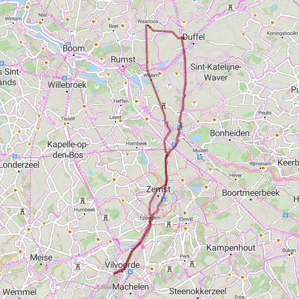 Miniatuurkaart van de fietsinspiratie "Gravelroute van Waarloos naar TPM14 en omgeving" in Prov. Antwerpen, Belgium. Gemaakt door de Tarmacs.app fietsrouteplanner
