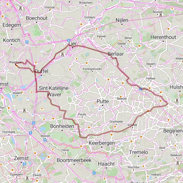 Miniature de la carte de l'inspiration cycliste "Les Tours de Waarloos" dans la Prov. Antwerpen, Belgium. Générée par le planificateur d'itinéraire cycliste Tarmacs.app
