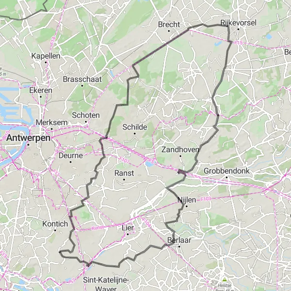 Map miniature of "Road Cycling Extravaganza" cycling inspiration in Prov. Antwerpen, Belgium. Generated by Tarmacs.app cycling route planner