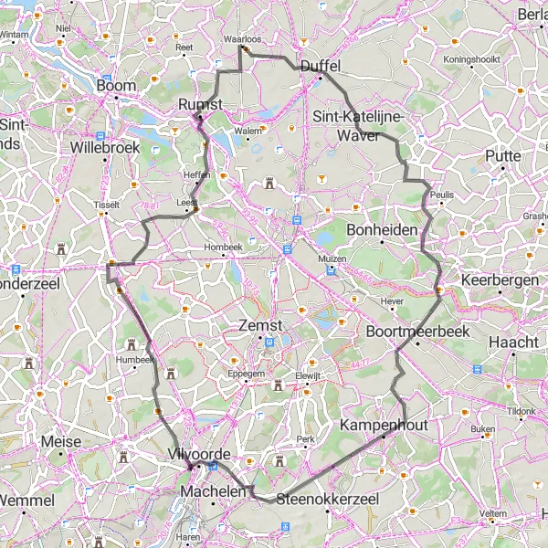 Miniature de la carte de l'inspiration cycliste "Circuit Rural autour de Malines" dans la Prov. Antwerpen, Belgium. Générée par le planificateur d'itinéraire cycliste Tarmacs.app
