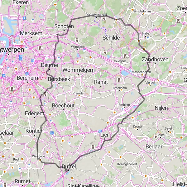 Map miniature of "The Scenic Loop" cycling inspiration in Prov. Antwerpen, Belgium. Generated by Tarmacs.app cycling route planner
