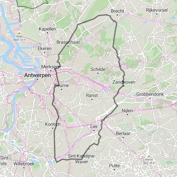 Miniature de la carte de l'inspiration cycliste "La Route des Châteaux et Parcs" dans la Prov. Antwerpen, Belgium. Générée par le planificateur d'itinéraire cycliste Tarmacs.app