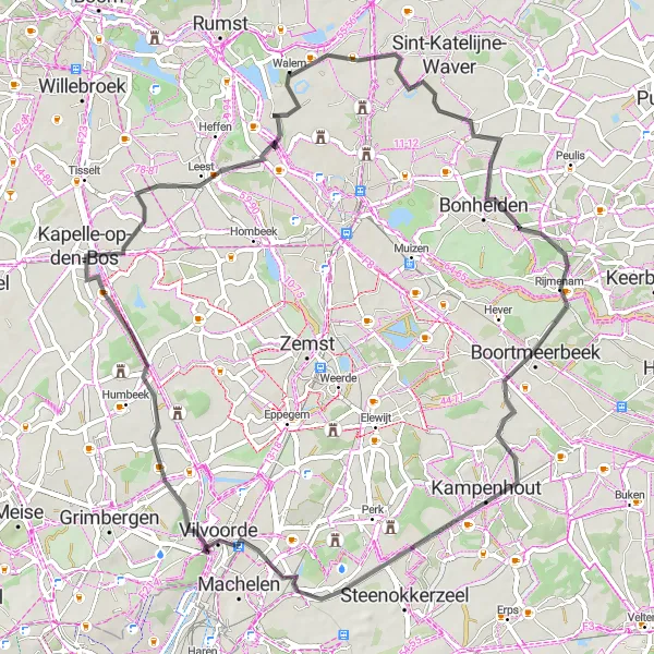 Miniatuurkaart van de fietsinspiratie "Rondje Walem en omgeving" in Prov. Antwerpen, Belgium. Gemaakt door de Tarmacs.app fietsrouteplanner
