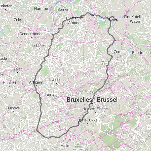 Miniature de la carte de l'inspiration cycliste "La Tour Noire et Hekelgem" dans la Prov. Antwerpen, Belgium. Générée par le planificateur d'itinéraire cycliste Tarmacs.app