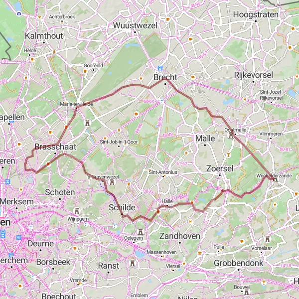 Karten-Miniaturansicht der Radinspiration "Gravel-Rundfahrt von Wechelderzande nach Oostmalle" in Prov. Antwerpen, Belgium. Erstellt vom Tarmacs.app-Routenplaner für Radtouren