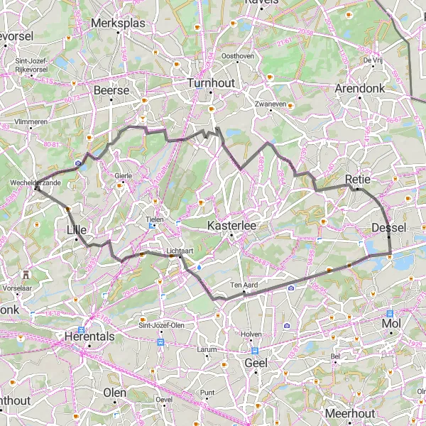 Karten-Miniaturansicht der Radinspiration "Radtour durch Groot Rees und Lichtaart" in Prov. Antwerpen, Belgium. Erstellt vom Tarmacs.app-Routenplaner für Radtouren