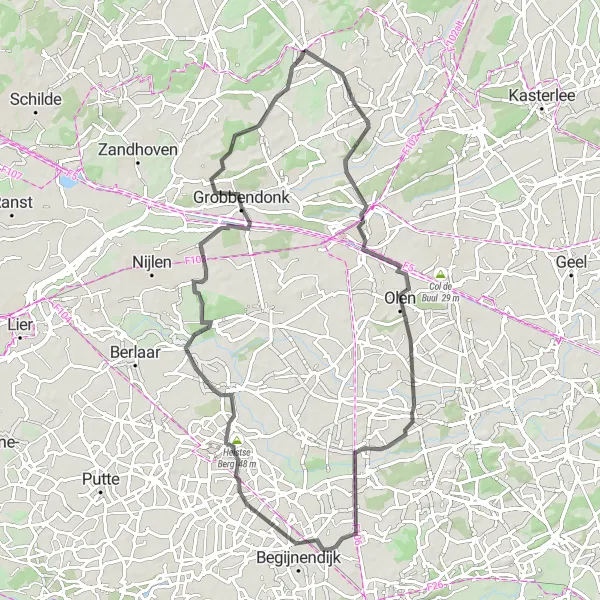 Miniatuurkaart van de fietsinspiratie "Roadtrip door de Kempen en het platteland" in Prov. Antwerpen, Belgium. Gemaakt door de Tarmacs.app fietsrouteplanner