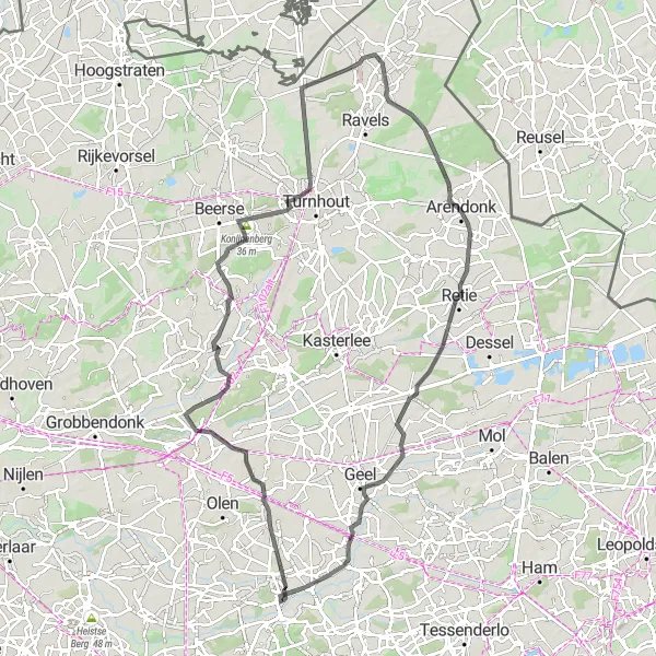 Miniature de la carte de l'inspiration cycliste "Les Collines d'Anvers Circuit" dans la Prov. Antwerpen, Belgium. Générée par le planificateur d'itinéraire cycliste Tarmacs.app