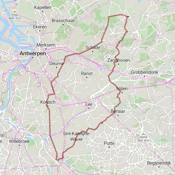 Map miniature of "Westmalle  - Zandhoven - Koningshooikt - Mechelen - Sint-Romboutstoren - Mortsel - Wijnegem Round Trip" cycling inspiration in Prov. Antwerpen, Belgium. Generated by Tarmacs.app cycling route planner