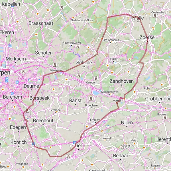 Karten-Miniaturansicht der Radinspiration "Gravel-Abenteuer durch Malle und Wijnegem" in Prov. Antwerpen, Belgium. Erstellt vom Tarmacs.app-Routenplaner für Radtouren