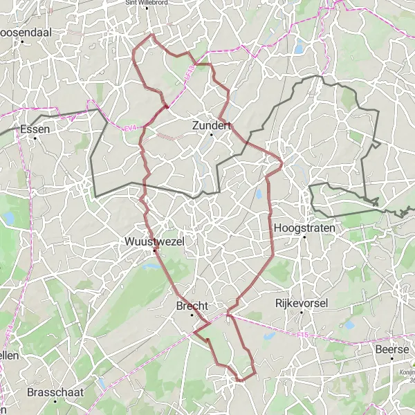 Map miniature of "Westmalle Gravel Adventure" cycling inspiration in Prov. Antwerpen, Belgium. Generated by Tarmacs.app cycling route planner