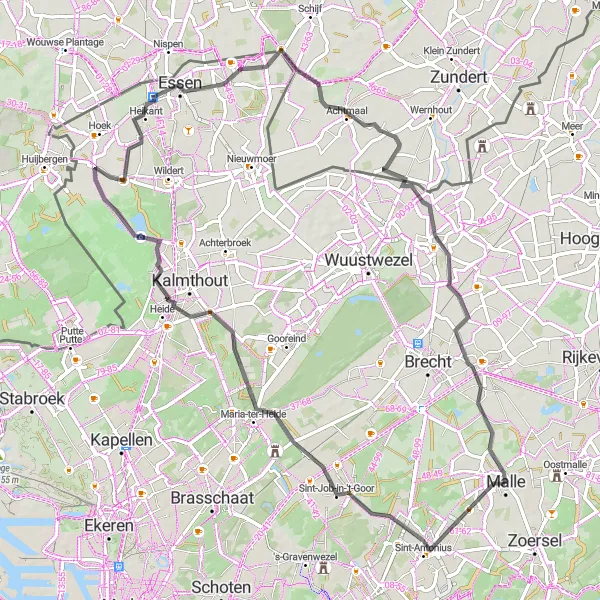 Karten-Miniaturansicht der Radinspiration "Westmalle Runde über Sint-Job-in-'t-Goor und Malle" in Prov. Antwerpen, Belgium. Erstellt vom Tarmacs.app-Routenplaner für Radtouren