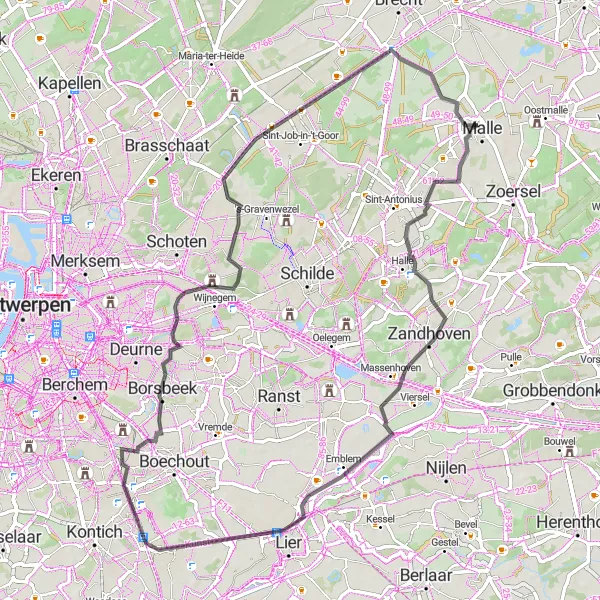 Miniature de la carte de l'inspiration cycliste "Parcours Road à Zandhoven et Borsbeek" dans la Prov. Antwerpen, Belgium. Générée par le planificateur d'itinéraire cycliste Tarmacs.app