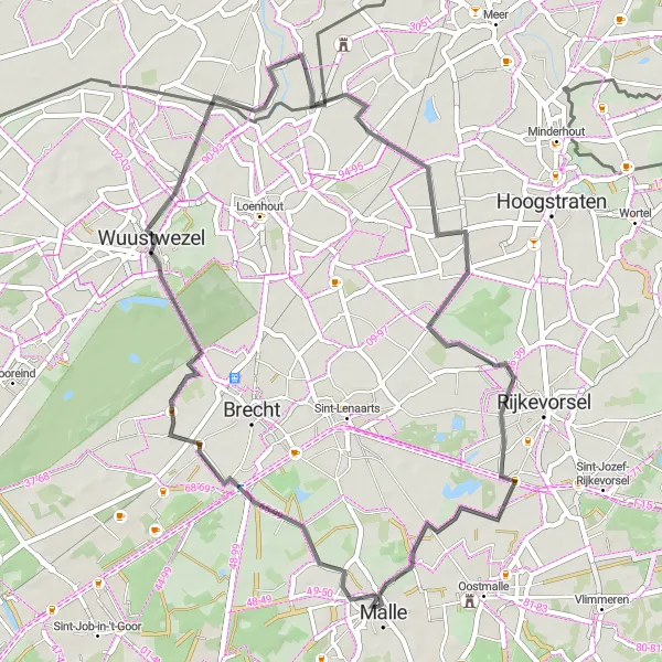 Miniature de la carte de l'inspiration cycliste "Randonnée pittoresque vers Westmalle" dans la Prov. Antwerpen, Belgium. Générée par le planificateur d'itinéraire cycliste Tarmacs.app