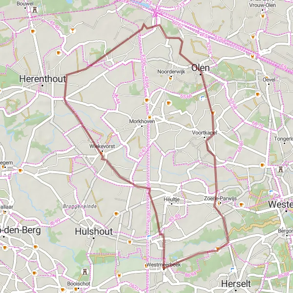 Map miniature of "Gravel Route through Wiekevorst, Oosterwijk, and Westmeerbeek" cycling inspiration in Prov. Antwerpen, Belgium. Generated by Tarmacs.app cycling route planner