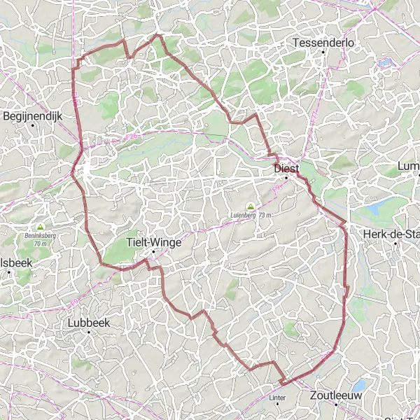 Map miniature of "Adventure Ride through Averbode, Diest, Drieslinter, Zuurbemde, Witte Molen, and Westmeerbeek" cycling inspiration in Prov. Antwerpen, Belgium. Generated by Tarmacs.app cycling route planner