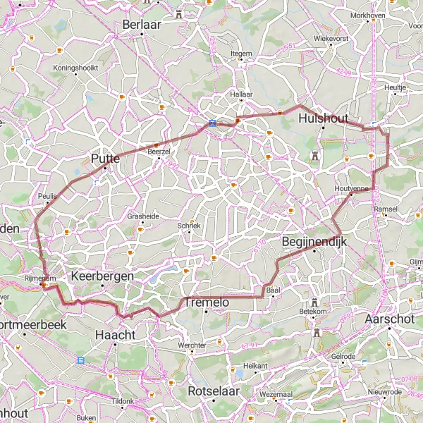 Map miniature of "Scenic Gravel Tour through Houtvenne, Balenberg, Rijmenam, Heist-op-den-Berg, Heistse Berg, and Westmeerbeek" cycling inspiration in Prov. Antwerpen, Belgium. Generated by Tarmacs.app cycling route planner