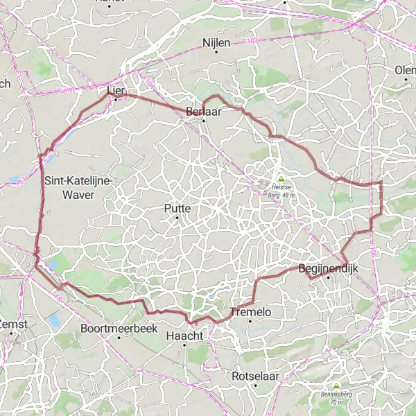 Miniature de la carte de l'inspiration cycliste "Aventure sur Chemins de Gravel à Travers la Nature" dans la Prov. Antwerpen, Belgium. Générée par le planificateur d'itinéraire cycliste Tarmacs.app