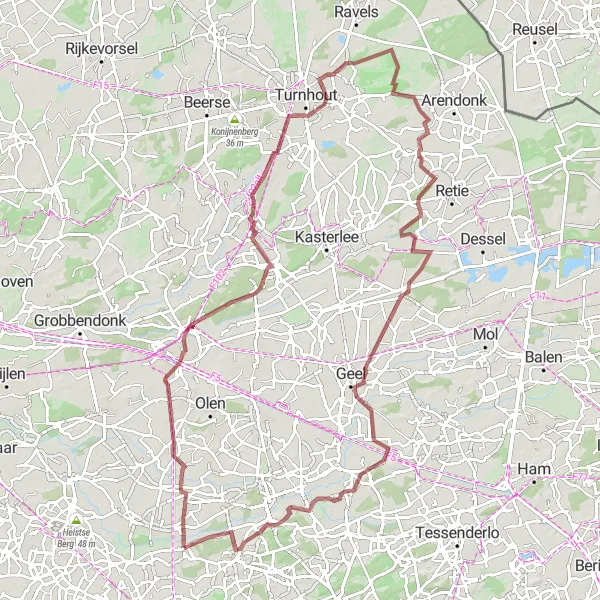 Map miniature of "Ultimate Gravel Journey from Westmeerbeek to Herentals, De Toeristentoren, Oosthoven, Schoonbroek, Winkelomheide, and back" cycling inspiration in Prov. Antwerpen, Belgium. Generated by Tarmacs.app cycling route planner