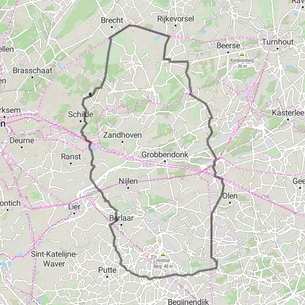 Map miniature of "Scenic Retreat" cycling inspiration in Prov. Antwerpen, Belgium. Generated by Tarmacs.app cycling route planner
