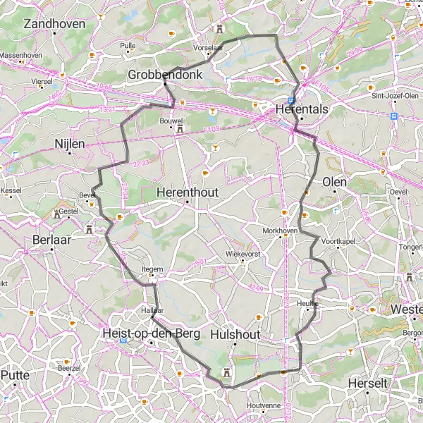 Miniature de la carte de l'inspiration cycliste "La Route des Châteaux et des Campagnes" dans la Prov. Antwerpen, Belgium. Générée par le planificateur d'itinéraire cycliste Tarmacs.app
