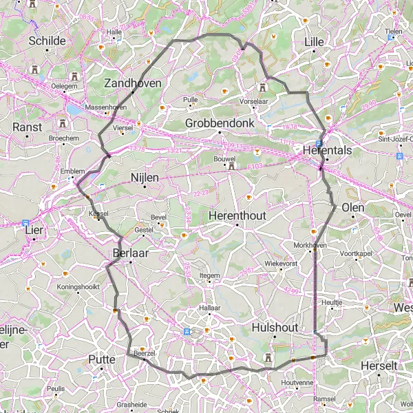 Miniatuurkaart van de fietsinspiratie "Lusvormige fietstocht vanuit Westmeerbeek" in Prov. Antwerpen, Belgium. Gemaakt door de Tarmacs.app fietsrouteplanner