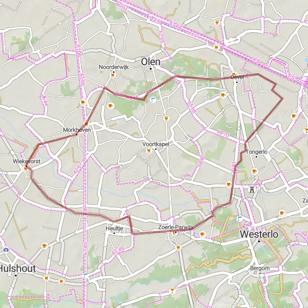 Map miniature of "Hidden Gem Gravel Ride" cycling inspiration in Prov. Antwerpen, Belgium. Generated by Tarmacs.app cycling route planner