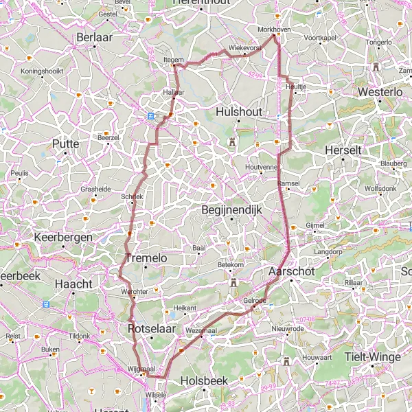 Miniatuurkaart van de fietsinspiratie "Avontuurlijk fietsen door de natuurgebieden" in Prov. Antwerpen, Belgium. Gemaakt door de Tarmacs.app fietsrouteplanner