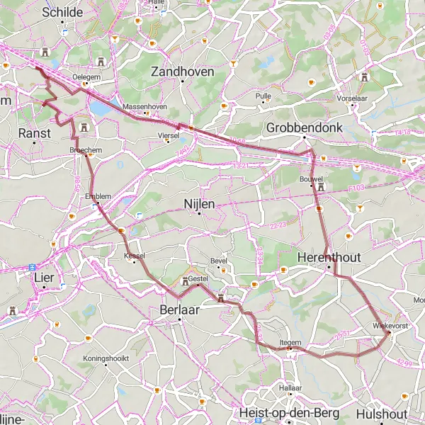 Miniature de la carte de l'inspiration cycliste "Aventure gravel à travers la nature flamande" dans la Prov. Antwerpen, Belgium. Générée par le planificateur d'itinéraire cycliste Tarmacs.app