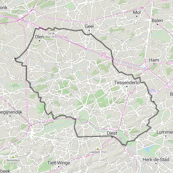 Miniature de la carte de l'inspiration cycliste "Le Tour des Collines Anversoises" dans la Prov. Antwerpen, Belgium. Générée par le planificateur d'itinéraire cycliste Tarmacs.app
