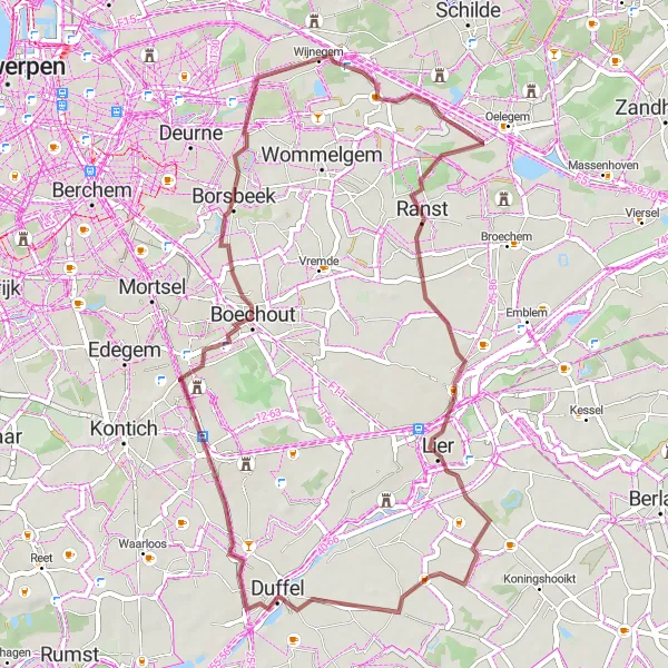 Map miniature of "Ranst - Zimmertoren - Duffel - Boechout - Wijnegem" cycling inspiration in Prov. Antwerpen, Belgium. Generated by Tarmacs.app cycling route planner