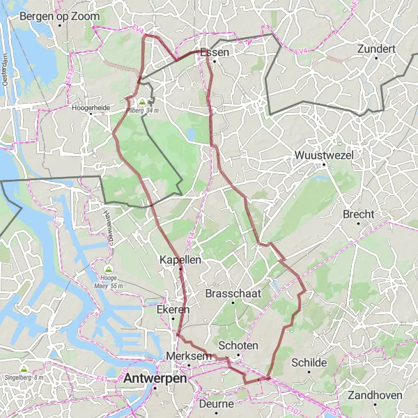 Map miniature of "Kapellen - Tiesteberg - Kalmthout Loop" cycling inspiration in Prov. Antwerpen, Belgium. Generated by Tarmacs.app cycling route planner