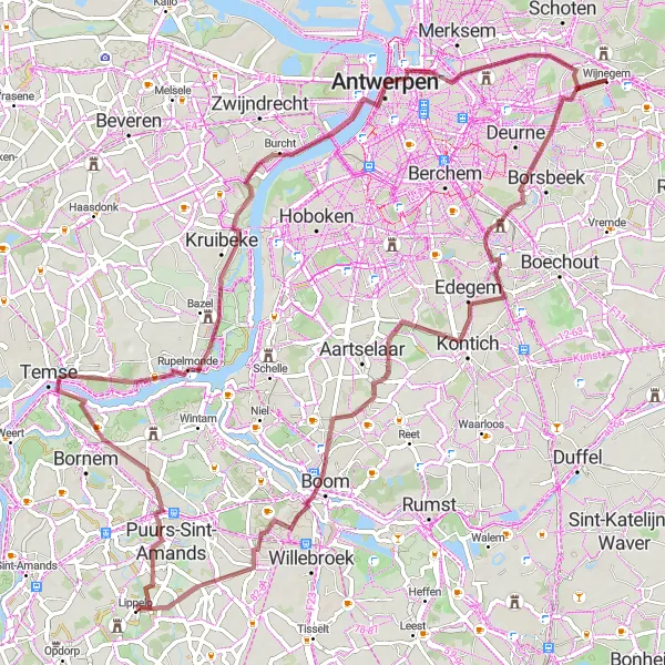 Miniature de la carte de l'inspiration cycliste "Parcours nature et aventure près de Wijnegem" dans la Prov. Antwerpen, Belgium. Générée par le planificateur d'itinéraire cycliste Tarmacs.app