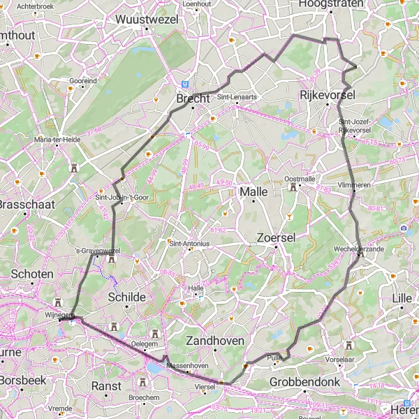 Map miniature of "Sint-Job-in-'t-Goor - Brecht - Vlimmeren - Massenhoven - Kasteel Kijckuit - Wijnegem" cycling inspiration in Prov. Antwerpen, Belgium. Generated by Tarmacs.app cycling route planner