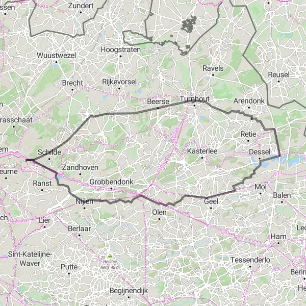 Map miniature of "Malle - Konijnenberg - Oud-Turnhout - De SAS4-toren - Witgoor - Larum - Col de Buul - Nijlen - Oelegem" cycling inspiration in Prov. Antwerpen, Belgium. Generated by Tarmacs.app cycling route planner