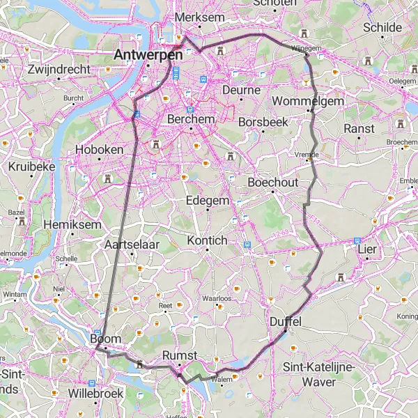 Map miniature of "Wijnegem - Duffel - Vogelkijkhut Visarend Loop" cycling inspiration in Prov. Antwerpen, Belgium. Generated by Tarmacs.app cycling route planner