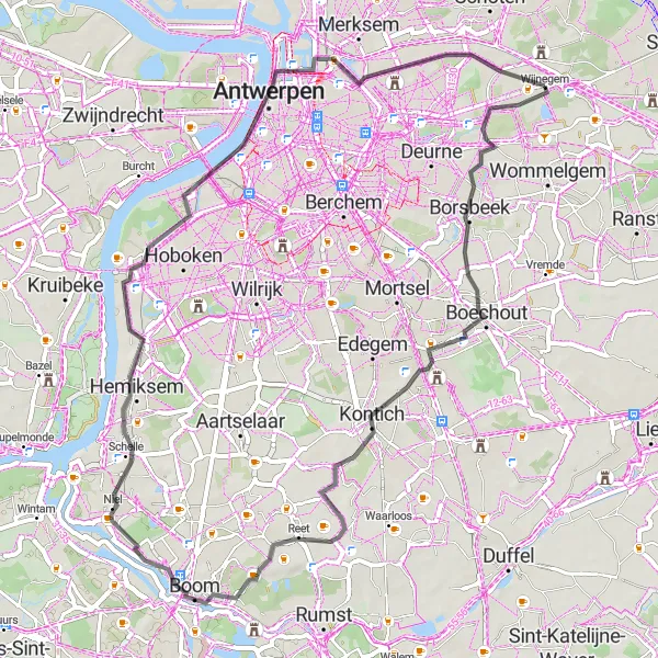 Map miniature of "Kontich - Warertoren - Niel - Het Steen Loop" cycling inspiration in Prov. Antwerpen, Belgium. Generated by Tarmacs.app cycling route planner