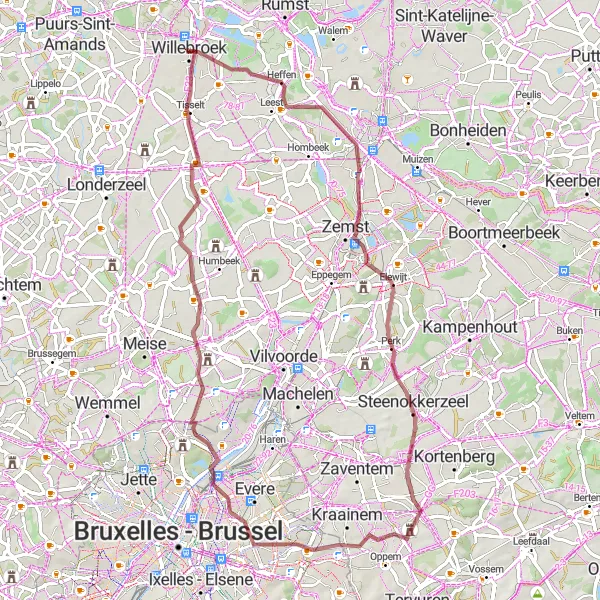 Miniatuurkaart van de fietsinspiratie "Gravel rondrit rond Willebroek" in Prov. Antwerpen, Belgium. Gemaakt door de Tarmacs.app fietsrouteplanner