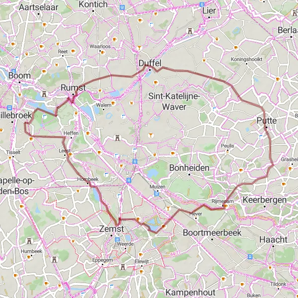 Miniatuurkaart van de fietsinspiratie "Gravelroute van Willebroek naar Blaasveld en Hombeek" in Prov. Antwerpen, Belgium. Gemaakt door de Tarmacs.app fietsrouteplanner
