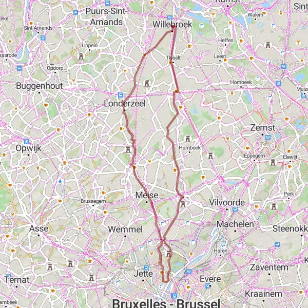 Miniatuurkaart van de fietsinspiratie "Gravelroute van Willebroek naar De Kraag" in Prov. Antwerpen, Belgium. Gemaakt door de Tarmacs.app fietsrouteplanner