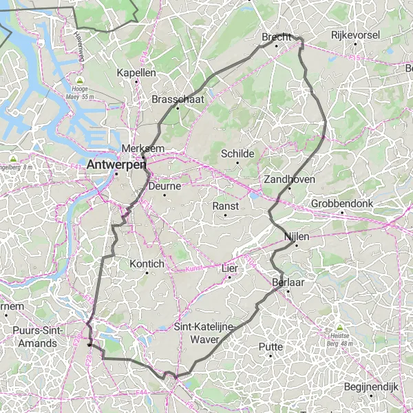 Miniatuurkaart van de fietsinspiratie "Wegrit door Antwerpen en omgeving" in Prov. Antwerpen, Belgium. Gemaakt door de Tarmacs.app fietsrouteplanner