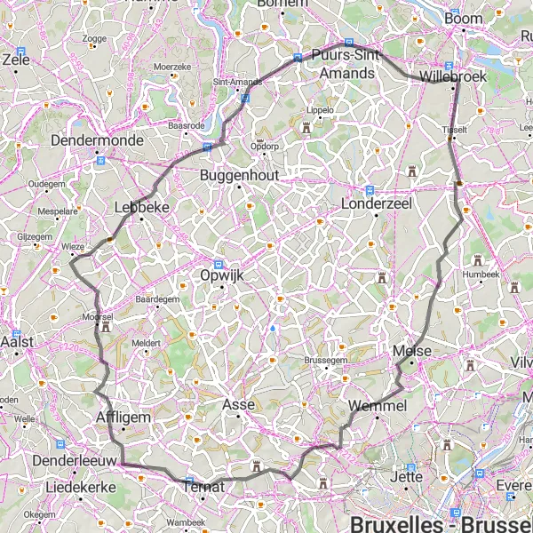 Karten-Miniaturansicht der Radinspiration "Landstraßen-Tour durch Meise, Hekelgem, Briel und Willebroek" in Prov. Antwerpen, Belgium. Erstellt vom Tarmacs.app-Routenplaner für Radtouren