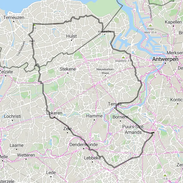 Miniatuurkaart van de fietsinspiratie "Lange fietsroute langs de Schelde" in Prov. Antwerpen, Belgium. Gemaakt door de Tarmacs.app fietsrouteplanner