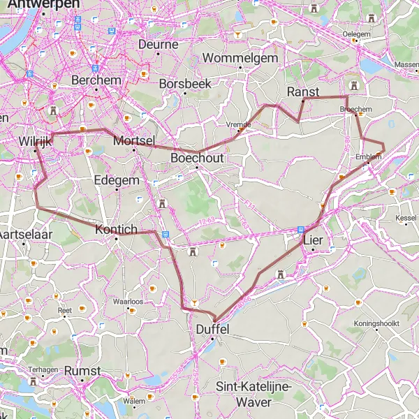 Miniature de la carte de l'inspiration cycliste "Excursion en gravel de Boechout à Kontich" dans la Prov. Antwerpen, Belgium. Générée par le planificateur d'itinéraire cycliste Tarmacs.app