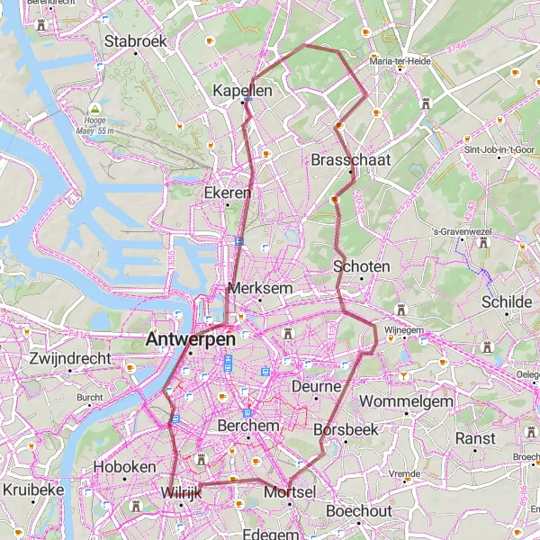 Miniatuurkaart van de fietsinspiratie "Gravelroute rond Kapellen en Brasschaat" in Prov. Antwerpen, Belgium. Gemaakt door de Tarmacs.app fietsrouteplanner