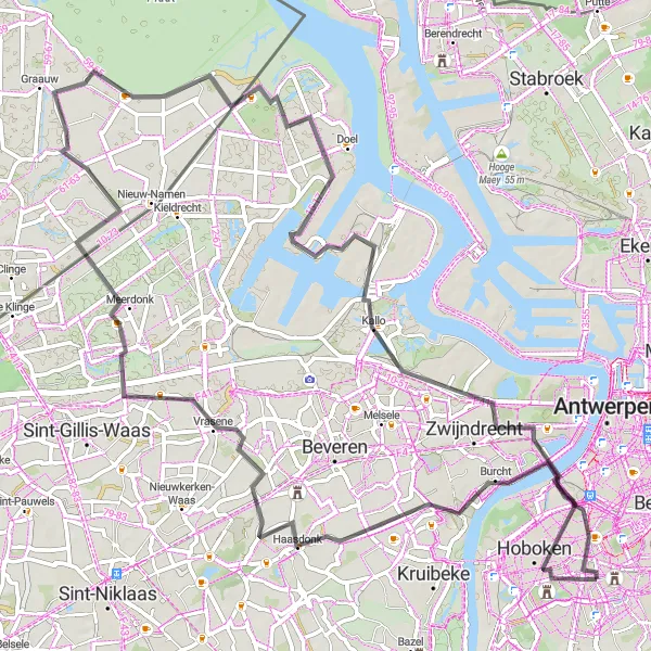 Miniatuurkaart van de fietsinspiratie "Weg Route Hoboken-Haasdonk-Prosperpolder-Kallo-Kasteel Steytelink" in Prov. Antwerpen, Belgium. Gemaakt door de Tarmacs.app fietsrouteplanner